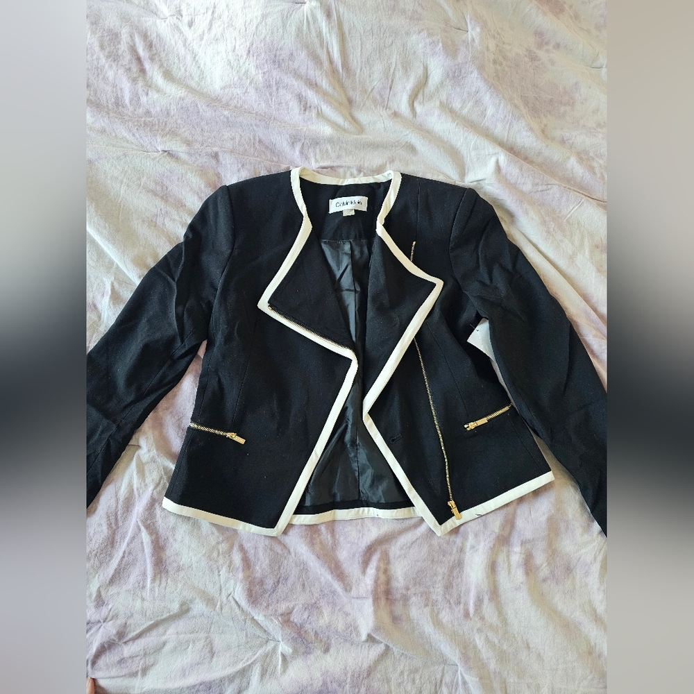 CALVIN KLEIN dress suit jacket work office gold zipper shoulder pads hip level